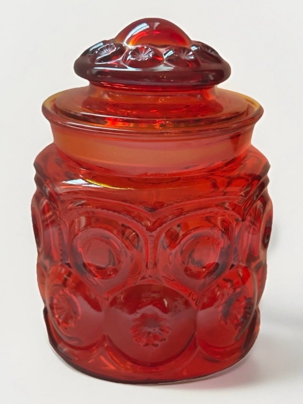 Vintage LE Smith Moon Stars Amberina Glass Canister Lid Med Jar 7" Red Orange